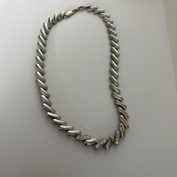 Silver Tone Rhinestone Accent Slant Bar Link Necklace Elegant Classic 17 in - Picture 4 of 8